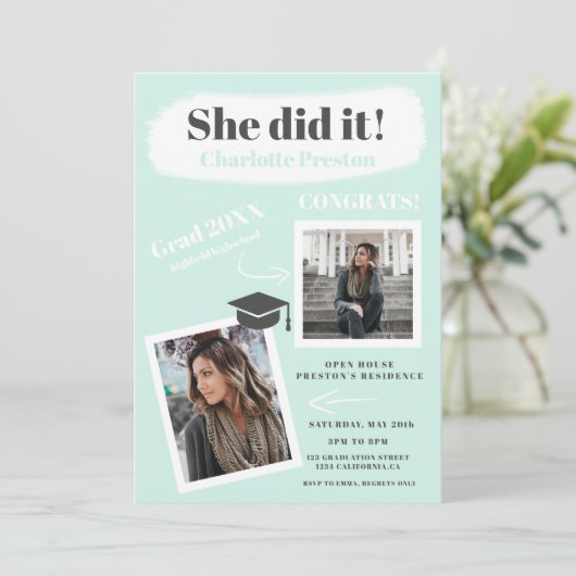 ティール（緑がかった色）グレーブモダンラシストローク卒業2枚 招待状 (スタンド正面)