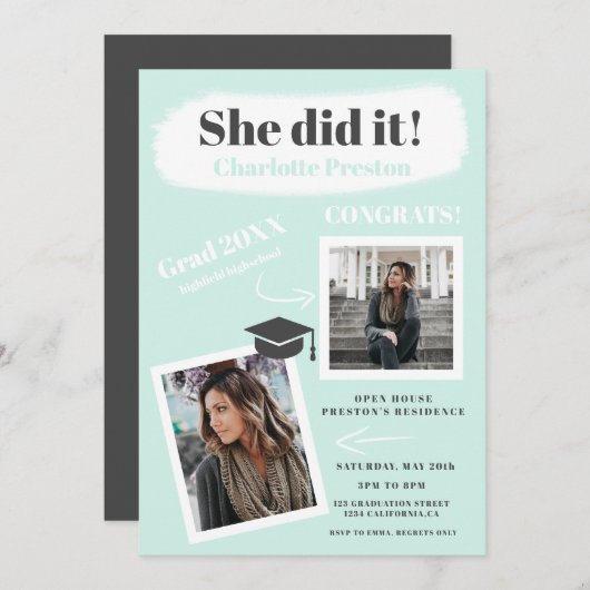 ティール（緑がかった色）グレーブモダンラシストローク卒業2枚 招待状 (正面/裏面)