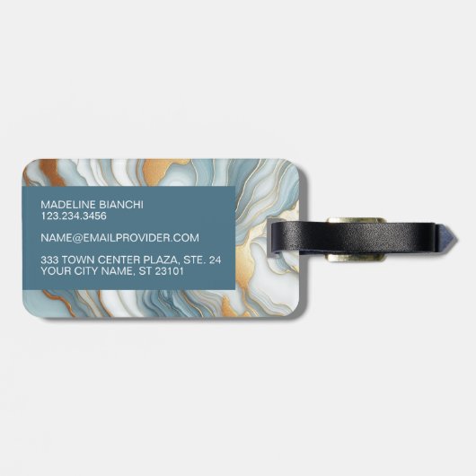 ティール(緑がかった色)グレーブルー金ゴールドマーブルアートパターン ラゲッジタグ (裏面横)