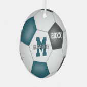 ティール（緑がかった色）グレー彼女の学校チームの色サッカー メタルオーナメント (正面右)