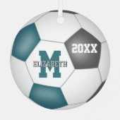 ティール（緑がかった色）グレー彼女の学校チームの色サッカー メタルオーナメント (裏面)