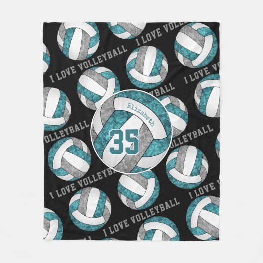 ティール（緑がかった色）グレー白い女の子はバレーボールが大好きパーソナライズされた フリースブランケット (正面)