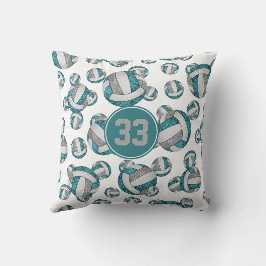 ティール（緑がかった色）グレー白ガーリーバレーボール模様 クッション (裏面)