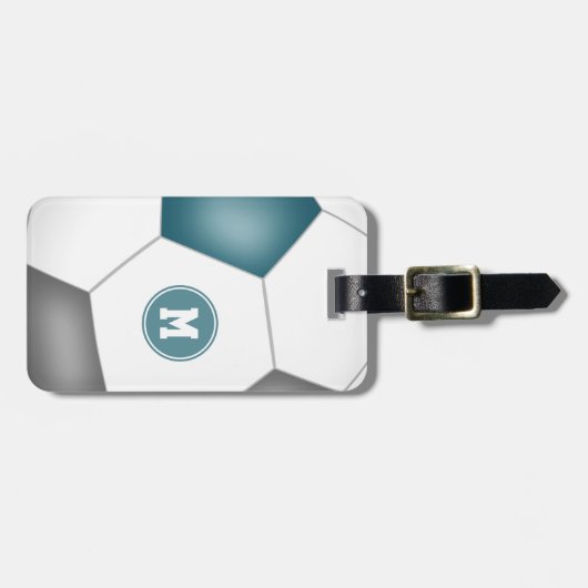 ティール（緑がかった色）グレー白サッカーモノグラムのラゲッジタグ ラゲッジタグ (正面横)