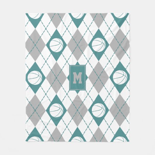 ティール（緑がかった色）グレー白バスケットボールチームカラーアーガイル フリースブランケット (正面)