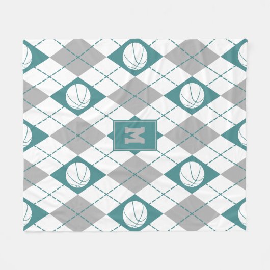 ティール(緑がかった色)グレー白バスケットボールチームカラーアーガイル フリースブランケット (正面(横))