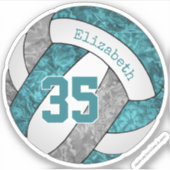 ティール（緑がかった色）グレー白バレーボール女子の名前番号 シール (正面)