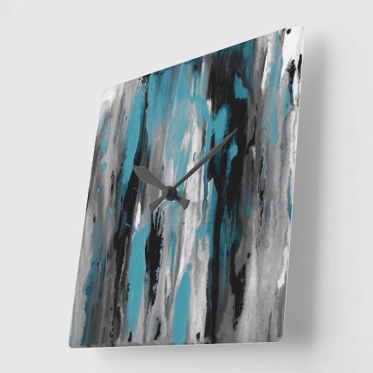 ティール（緑がかった色）グレー白黒抽象芸術 スクエア壁時計 (傾斜)