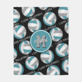 ティール（緑がかった色）グレー私はバレーボール文字パターン大好き フリースブランケット (正面)