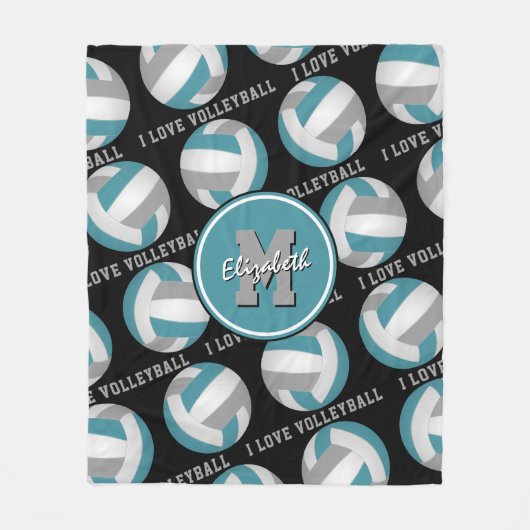 ティール(緑がかった色)グレー私はバレーボール文字パターン大好き フリースブランケット (正面)