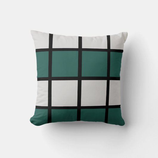 ティール(緑がかった色)グレー黒パタ市松模様にーン クッション (正面)