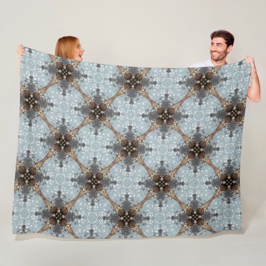 ティール（緑がかった色）、グレー、ブロンズ、ヴィンテージ花模様 フリースブランケット (インサイチュ)