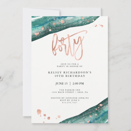 ティール（緑がかった色）グードとフェイクバラ金ゴールドルック | 40歳 招待状 (正面)