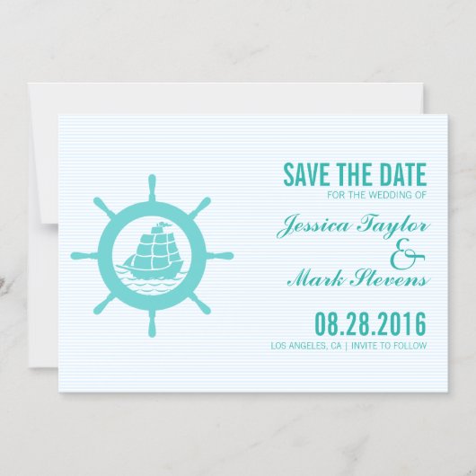 ティール(緑がかった色)グ航海のリーンボートホイール日付の保存 マグネット招待状 (正面)