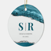 ティール(緑がかった色)ゲードアゲートカップルズモノグラムのクリスマス セラミックオーナメント (左)