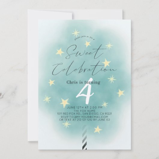 ティール（緑がかった色）コットンキャンディスウィートボーイ誕生日招待状 招待状 (正面)