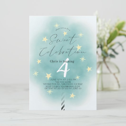 ティール（緑がかった色）コットンキャンディスウィートボーイ誕生日招待状 招待状 (スタンド正面)