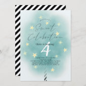 ティール（緑がかった色）コットンキャンディスウィートボーイ誕生日招待状 招待状 (正面/裏面)