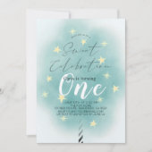 ティール(緑がかった色)コットンキャンディスウィートボーイ1st誕生日 招待状 (正面)