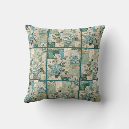 ティール（緑がかった色）コテージコアヴィンテージフローラキルトパターン クッション (裏面)