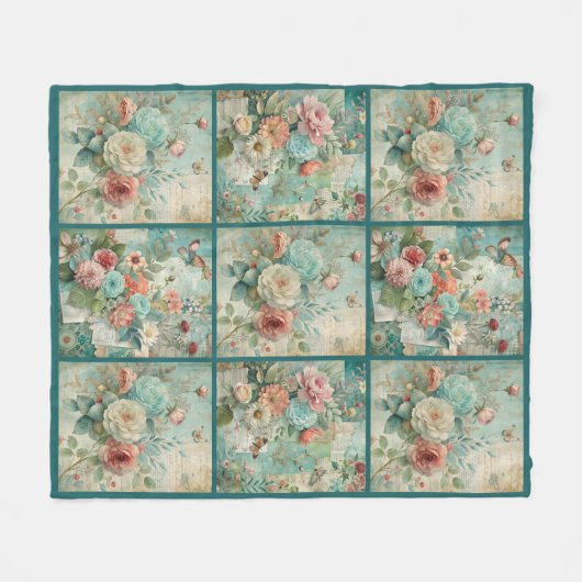 ティール(緑がかった色)コテージコアヴィンテージフローラキルトパターン フリースブランケット (正面(横))