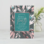 ティール（緑がかった色）コーラルグレイ水彩植物性ガラスパーティー 招待状 (スタンド正面)