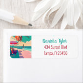 ティール(緑がかった色)&コーラルサンディビーチパーソン歩く ラベル (インサイチュ)