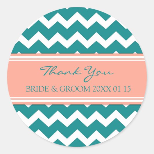 ティール（緑がかった色）コーラルシェブロンサンキュー結婚式の引き出物ラベル ラウンドシール (正面)