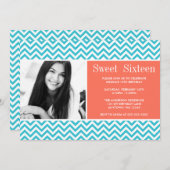 ティール（緑がかった色）コーラルシェブロンスイート16誕生日写真 招待状 (正面/裏面)