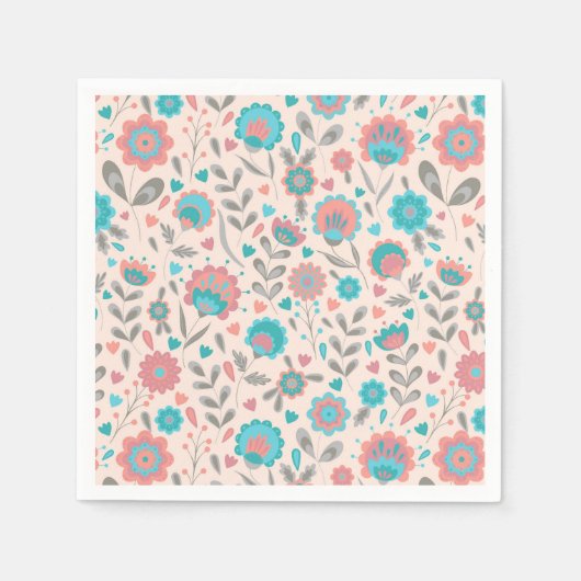 ティール（緑がかった色）&コーラルフォークアートフローラルパターン スタンダードカクテルナプキン (正面)
