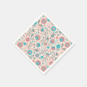 ティール（緑がかった色）&コーラルフォークアートフローラルパターン スタンダードカクテルナプキン (角)