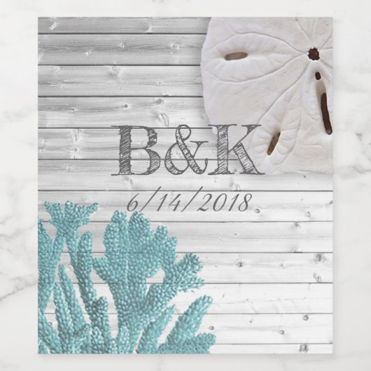 ティール（緑がかった色）コーラルホワイトウォッシュウッドビーチ結婚式カスタム ワインラベル (シングルラベル)