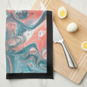 ティール(緑がかった色)コーラル抽象芸術ブラックオリジナルアクリル キッチンタオル (四つ折り)