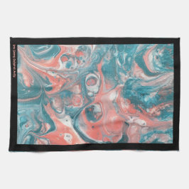 ティール（緑がかった色）コーラル抽象芸術ブラックオリジナルアクリル キッチンタオル