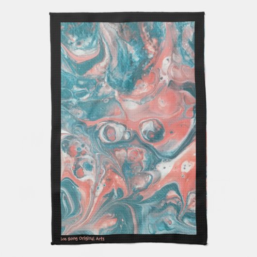 ティール(緑がかった色)コーラル抽象芸術ブラックオリジナルアクリル キッチンタオル (縦)