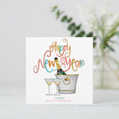 ティール(緑がかった色)コーラル金ゴールドグリッターハッピーニューイヤーシャンパン シーズンカード (スタンド正面)