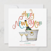 ティール(緑がかった色)コーラル金ゴールドグリッターハッピーニューイヤーシャンパン シーズンカード (正面)
