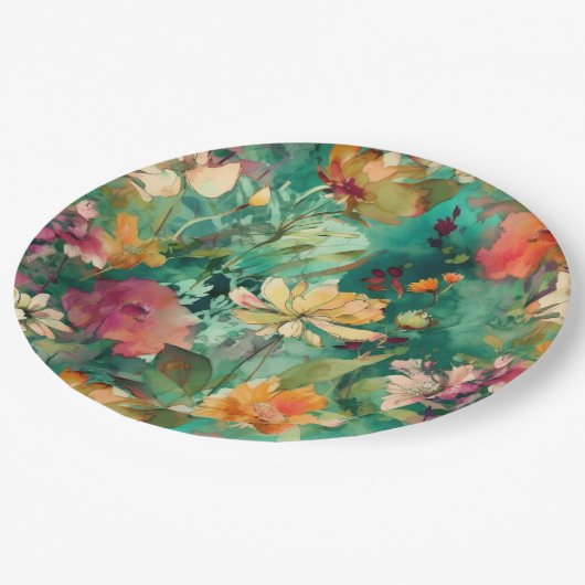 ティール(緑がかった色)、コーラル&マウヴアモダンートフローラ ペーパープレート (アングル)