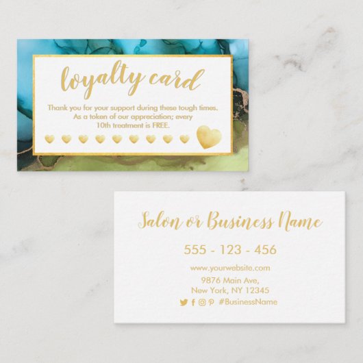 ティール（緑がかった色）ゴールドフォイルハートサロンロイヤリティカード ロイヤリティカード (正面/裏面)