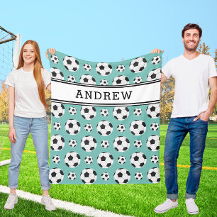 ティール(緑がかった色)サッカーボールパターンキッドボーイガールプレーヤー名 フリースブランケット