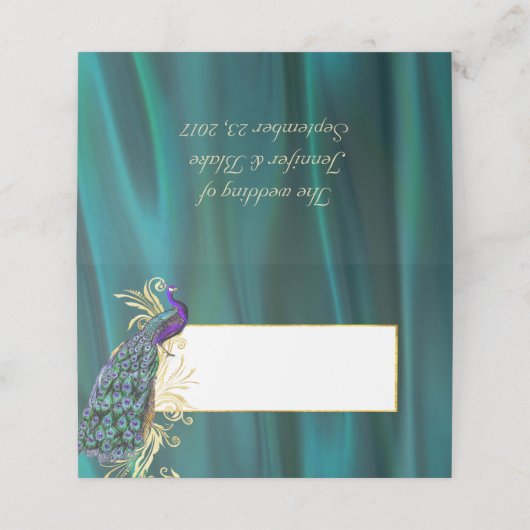 ティール（緑がかった色）サテンと孔雀結婚の折り畳み座席表 プレイスカード (外部開封)