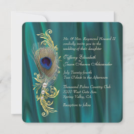 ティール（緑がかった色）サテンクピーコックフェザー結婚式招待状 招待状