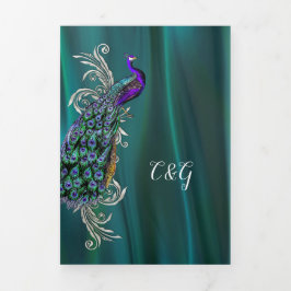 ティール（緑がかった色）サテンピーコック結婚ズ 三つ折り招待状