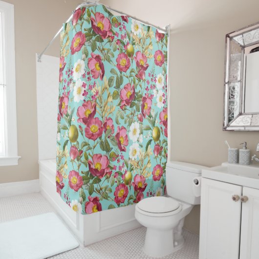 ティール(緑がかった色)サマーガーデン – ヴィンテージレッドテコテージバラ シャワーカーテン (インサイチュ)