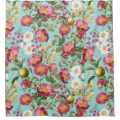 ティール(緑がかった色)サマーガーデン – ヴィンテージレッドテコテージバラ シャワーカーテン (正面)