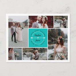 ティール(緑がかった色)サンキュー結婚のフォトコラージュ 案内ポストカード