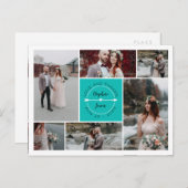 ティール（緑がかった色）サンキュー結婚のフォトコラージュ 案内ポストカード (正面/裏面)