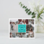 ティール（緑がかった色）サンキュー結婚のフォトコラージュ 案内ポストカード (スタンド正面)