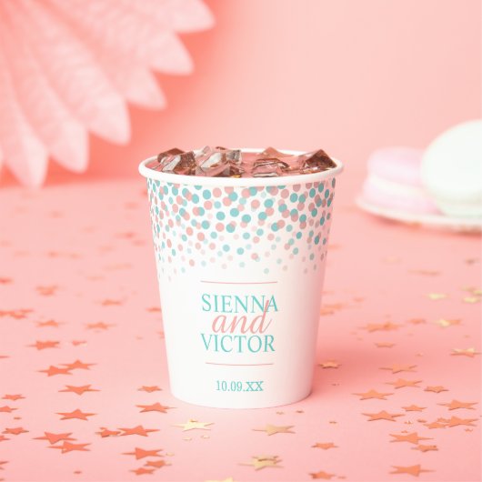 ティール(緑がかった色)サンゴ紙吹雪結婚名前をカスタムする紙カップ 紙コップ (インサイチュ)