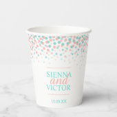 ティール(緑がかった色)サンゴ紙吹雪結婚名前をカスタムする紙カップ 紙コップ (裏面)